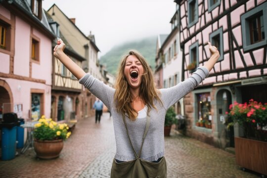 Medium shot portrait photography of a grinning mature girl celebrating winning against a quaint european village background. With generative AI technology