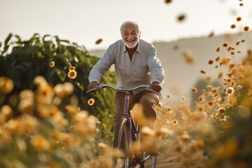 Medium shot portrait photography of a satisfied old man riding a bike against a sunflower field background. With generative AI technology