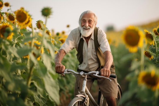 Medium shot portrait photography of a satisfied old man riding a bike against a sunflower field background. With generative AI technology