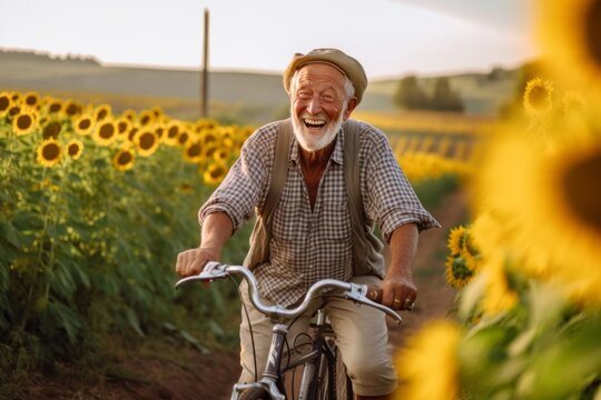 Medium shot portrait photography of a satisfied old man riding a bike against a sunflower field background. With generative AI technology