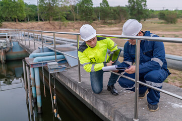 Environmental engineers work at wastewater treatment plants,Water supply engineering working at Water recycling plant for reuse,Technicians and engineers discuss work together.