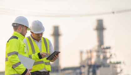 Group Asian man petrochemical engineer working at oil and gas refinery plant industry factory,The people worker man engineer work control at power plant energy industry manufacturing