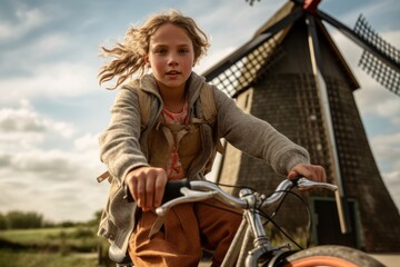 Plakat Close-up portrait photography of a glad kid female riding a bike against a rustic windmill background. With generative AI technology