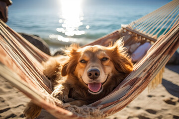 Dog happy sunbathing in a hammock of sea on vacation. Travel concept
