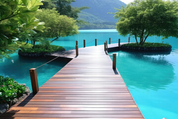 Deck on the water, in the style of tropical landscapes, Travel concept