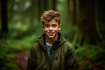 Close-up portrait photography of a glad boy in his 30s smiling against a moss-covered forest background. With generative AI technology