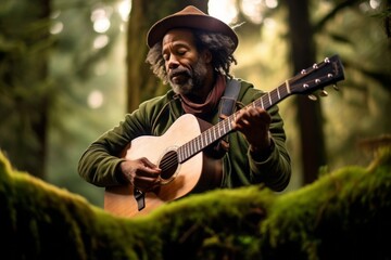 Medium shot portrait photography of a glad mature man playing the guitar against a moss-covered...