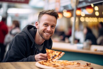 Close-up portrait photography of a satisfied boy in his 30s eating a piece of pizza against a...
