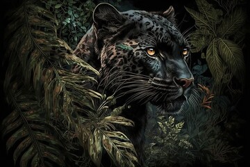 Tropical forest with panther. Black panther in the rainforest. AI generated
