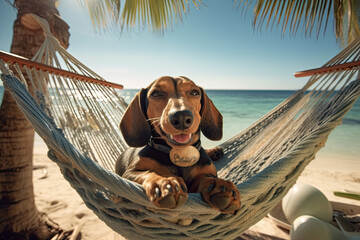 Dog happy sunbathing in a hammock of sea on vacation. Travel concept