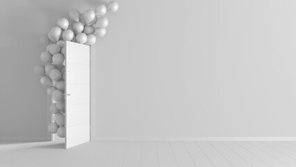 Total white project draft, balloons floating through open door in home interior with parquet. Template with copy space. Surprise holiday concept - obrazy, fototapety, plakaty