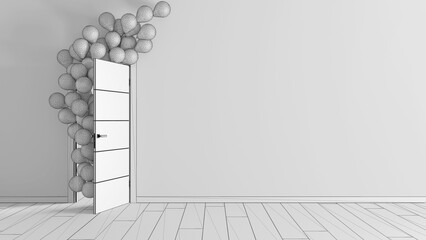 Blueprint unfinished project draft, balloons floating through open door in home interior with parquet. Template with copy space. Surprise holiday concept