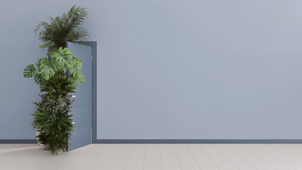 Houseplants floating through open door in home interior with blue walls and parquet. Template with copy space. love for plants. Biophilia concept