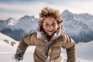 Fototapeta na wymiar Medium shot portrait photography of a grinning mature boy running against a serene snow-capped mountain background. With generative AI technology