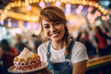 Deurstickers Headshot portrait photography of a grinning girl in her 30s making a cake against a crowded amusement park background. With generative AI technology © Markus Schröder
