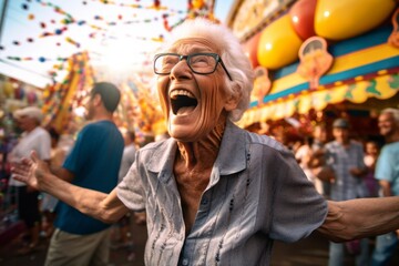 Obraz premium Medium shot portrait photography of a satisfied old woman celebrating winning against a crowded amusement park background. With generative AI technology