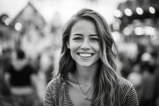 Headshot portrait photography of a grinning mature girl drawing against a crowded amusement park background. With generative AI technology