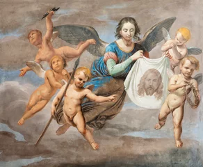Foto op Plexiglas GENOVA, ITALY - MARCH 8, 2023: The fresco of angels with the Glory of holy Shroud in the church Basilica della Santissima Annunziata del Vastato. © Renáta Sedmáková