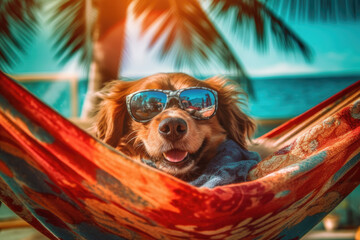 Dog happy sunbathing in a hammock of sea on vacation. Travel concept. Generative AI