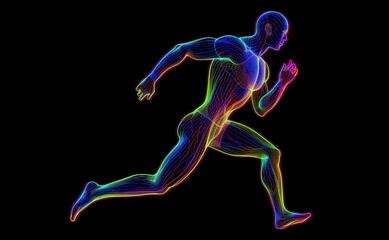 Fototapeta na wymiar Running man, outline illustration, neon colors on black background. Generative AI.