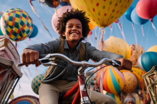 Medium shot portrait photography of a grinning boy in his 30s riding a bike against a colorful hot air balloon background. With generative AI technology