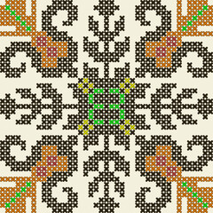 Hand-made old ethnic pattern embroidered with a cross isolated on white background. Art vector illustration.