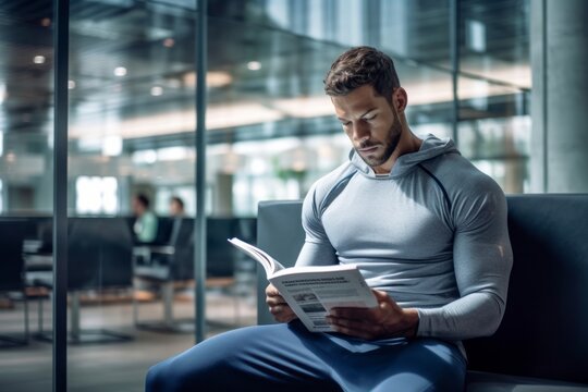 Medium shot portrait photography of a glad boy in his 30s reading a book against a modern fitness center background. With generative AI technology