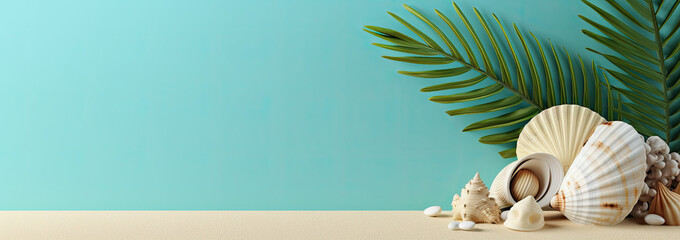 Summer holiday scene with beach accessories and sea shell , Travel concept