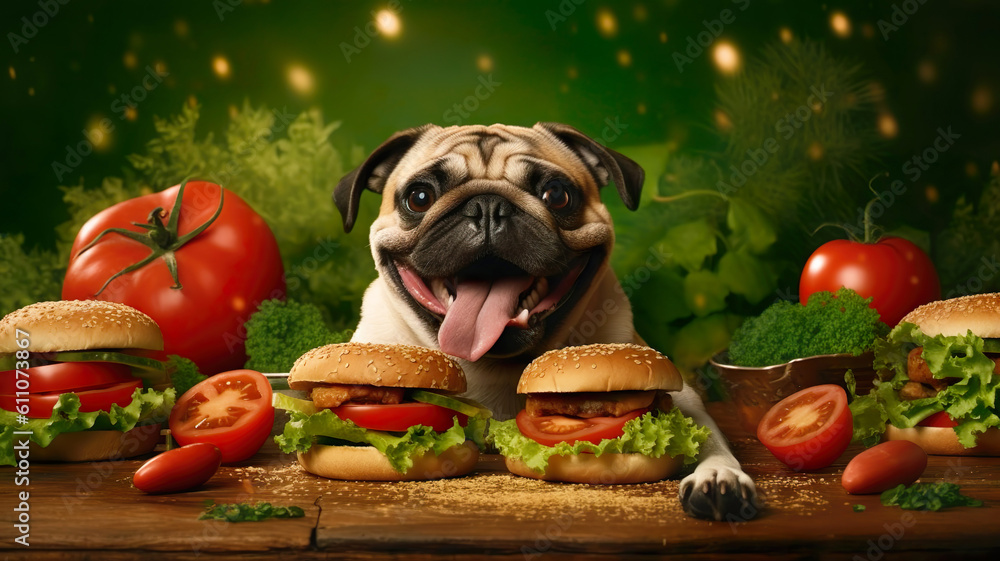 Wall mural cute, funny and happy dog with hamburgers, surrounded by vegetables. green background. fast food con