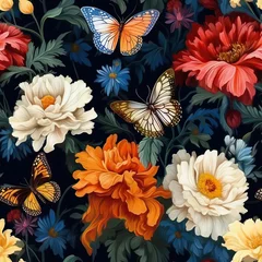Fotobehang Butterflies and flowers seamless repeat pattern oil painting [Generative AI]  © Roman
