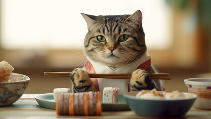 Fototapeta na wymiar Cute cat holding chopsticks with Japanese style food. Generative AI.