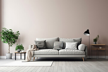 Fototapeta na wymiar Comfortable couch in Scandinavian living room interior with copy space on the empty white gray wall, Generative AI