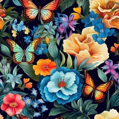 Türaufkleber Butterflies and flowers seamless repeat pattern oil painting [Generative AI]  © Roman