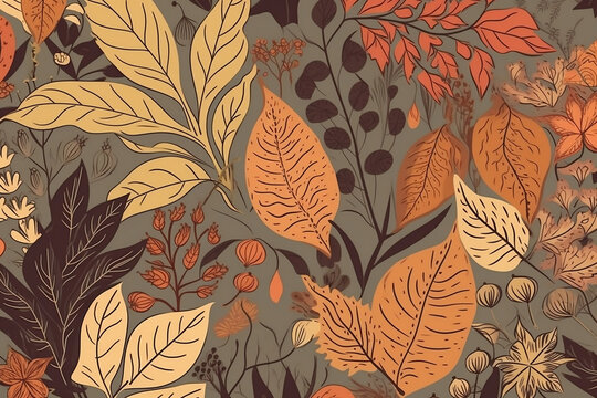 Autumn seamless pattern with different plants and leaves, seasonal decorative design. 