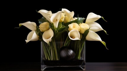 A chic and modern design featuring a collection of calla lilies in shades of ivory and pale yellow, arranged against a sleek black background, exuding sophistication and elegance. Generative AI. 