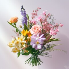 A close-up shot of a bouquet of fresh spring flowers against a clean white background, highlighting their vibrant colors and natural beauty. Generative AI. 