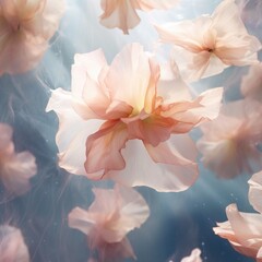 Fototapeta na wymiar An abstract composition of delicate flower petals floating in the air, captured in a dreamy and ethereal style, with negative copy space for a poetic quote. Generative AI. 
