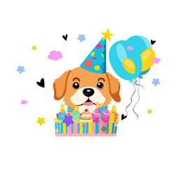 Birthday party Dog with birthday cake and confetti. For card, etc