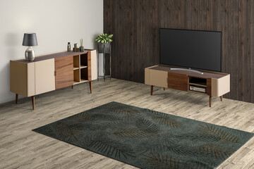 3D render tv room , side board and tv table set in modern decoration 