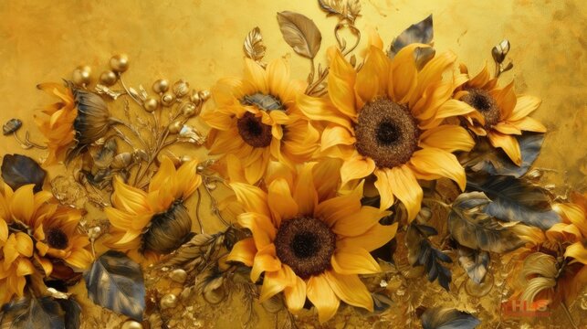 A glamorous composition of vibrant sunflowers and golden accents on a radiant gold foil background, creating a sense of opulence and grandeur. Generative AI. 