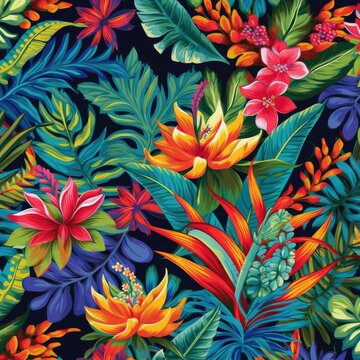 A vibrant and colorful floral pattern inspired by tropical gardens, with bold hues and intricate details, perfect for a vibrant and lively aesthetic. Generative AI. 