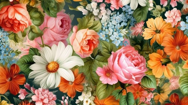 A vibrant floral pattern with blooming flowers in various colors, arranged in a symmetrical design, creating an eye-catching and elegant background. Wallpaper texture. Generative AI. 