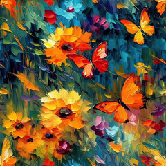 Butterflies and flowers seamless repeat pattern oil painting [Generative AI]
