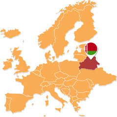 Belarus map in Europe, Belarus location and flags.