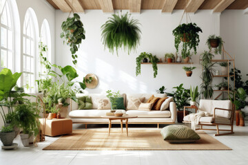 Fototapeta na wymiar Interior living room in white room with wooden furniture and green plants, Generative AI