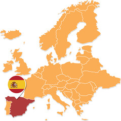 Spain map in Europe, Spain location and flags.