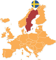 Sweden map in Europe, Sweden location and flags.