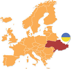 Ukraine map in Europe, Ukraine location and flags.