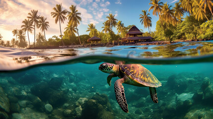 Aquatic Harmony: Majestic Sea Turtle in Coastal Serenity. Generative AI