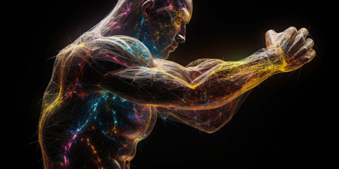 Stunning digital depiction of glowing muscles in flexion, showcasing a complex network of luminous fibers to embody strength, determination, and human endurance. Generative AI